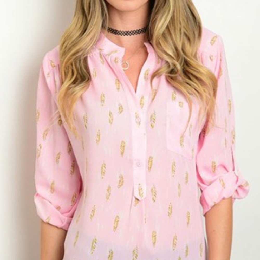 Pink top with falling gold leaves